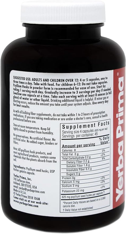 Yerba Prima Psyllium Husks Caps - 180 caps (Pack of 4) - Natural Fiber Supplement - Non-GMO Gluten Free