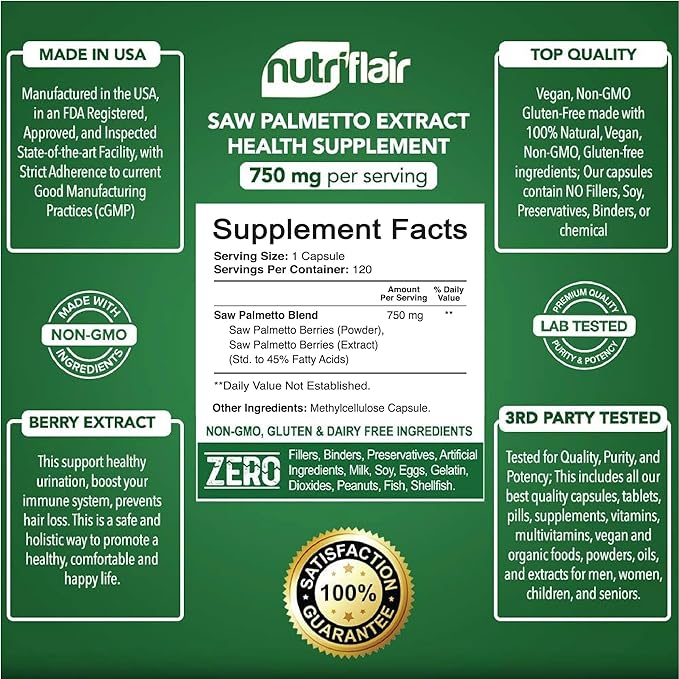 NutriFlair Saw Palmetto Extract 750mg, 120 Capsules - Natural Prostate Supplement & Berry Health Support - Helps Block DHT to Prevent Hair Loss and Helps Reduce Frequent Urination, for Women and Men