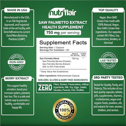 NutriFlair Saw Palmetto Extract 750mg, 120 Capsules - Natural Prostate Supplement & Berry Health Support - Helps Block DHT to Prevent Hair Loss and Helps Reduce Frequent Urination, for Women and Men