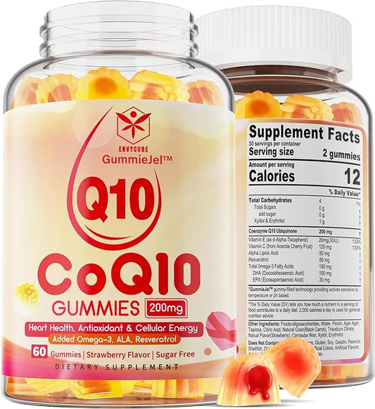 Sugar Free CoQ10 200mg Filled Gummies, 5X Better Absorption CoQ10 w/Resveratrol, Alpha Lipoic Acid, Omega-3, Vitamin E, C, Coenzyme Q10 for Cellular Energy, Heart, Brain, and Antioxidant (1Pack)