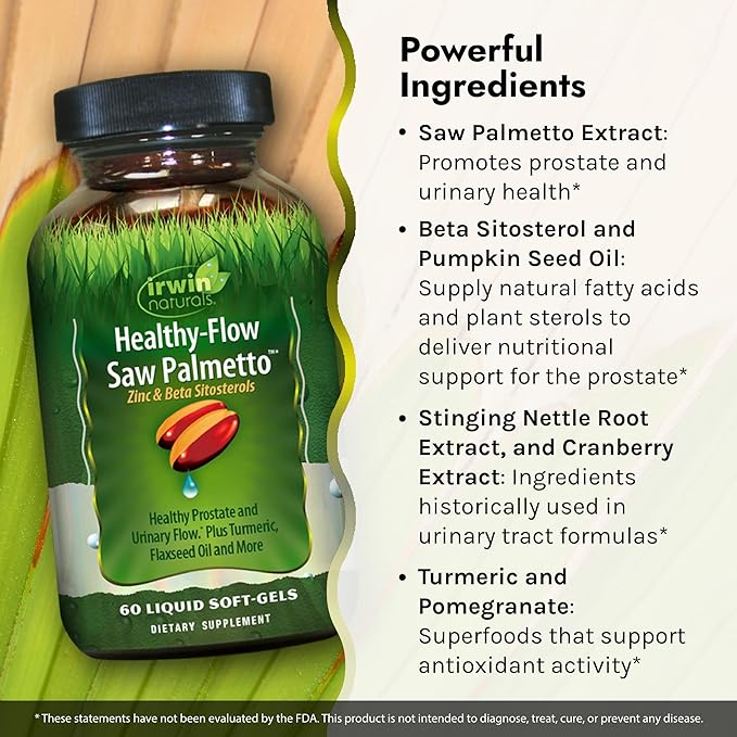 Irwin Naturals Healthy Flow Saw Palmetto with Zinc, Beta Sitosterols, Turmeric, Stinging Nettle & Pumpkin Seed - Promotes Healthy Prostate & Urinary Flow - Antioxidant Support - 60 Liquid Softgels