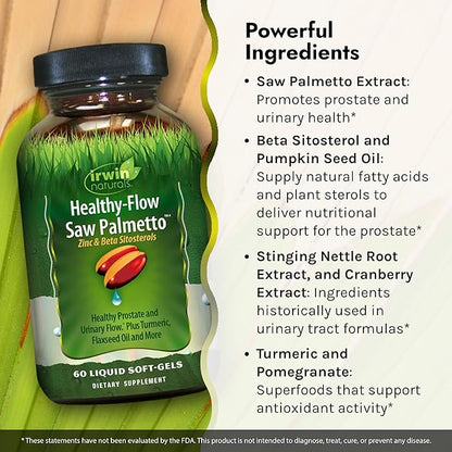 Irwin Naturals Healthy Flow Saw Palmetto with Zinc, Beta Sitosterols, Turmeric, Stinging Nettle & Pumpkin Seed - Promotes Healthy Prostate & Urinary Flow - Antioxidant Support - 60 Liquid Softgels