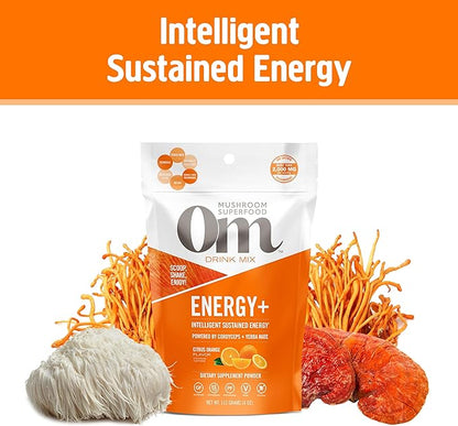 Om Mushroom Superfood Energy Plus Mushroom Powder Drink Mix, Citrus Orange, 4 Ounce, 18 Servings, Mushroom Blend, Cordyceps, Yerba Mate, Tumeric, Vitamin B Complex, Pre-Workout, Immune Supplement