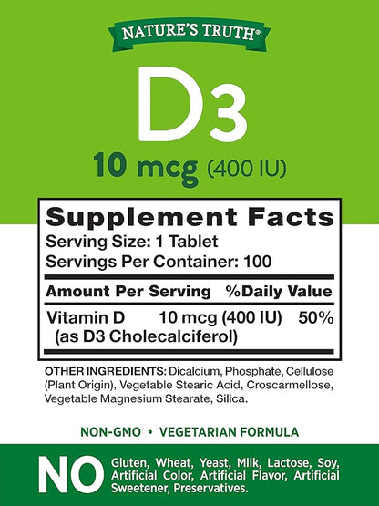 Vitamin D3 400 iu (10 mcg) | 100 Tablets | Vegetarian, Non-GMO, Gluten Free Supplement | By Nature's Truth