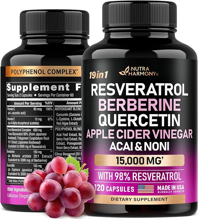 Resveratrol Supplement - 15000mg 19-in-1 Organic Polyphenol Complex - Noni Extract | Berberine | Quercetin | Apple Cider Vinegar | Acai - Made in USA - Antioxidant & Heart Health Support - 120 Caps