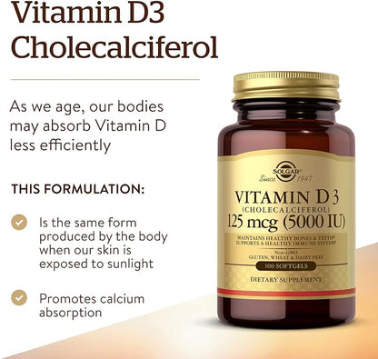 Solgar Vitamin D3 (Cholecalciferol) 125 MCG (5000 IU), 100 Softgels - Helps Maintain Healthy Bones & Teeth - Immune System Support - Non GMO, Gluten Free, Dairy Free - 100 Servings