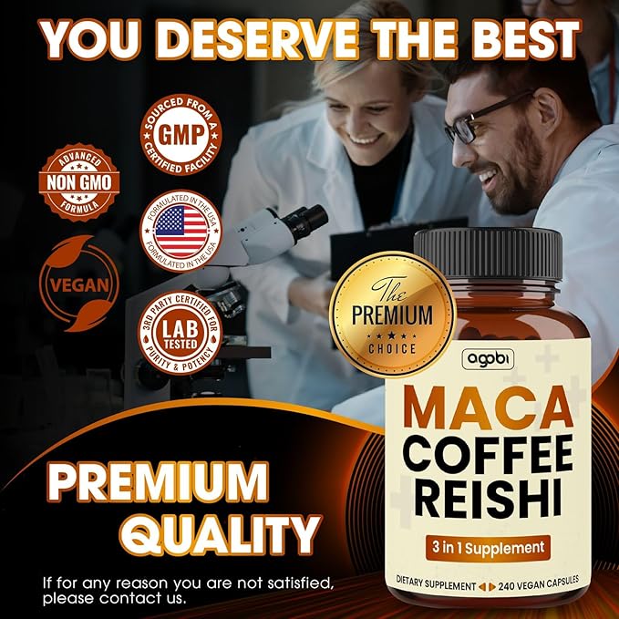 agobi 1800mg Maca Coffee Supplement with Reishi Mushroom - 60 Vegan Capsules - Support for Energy Production, Mood Support, Immune System & Stamina - Gluten-Free, Non-GMO