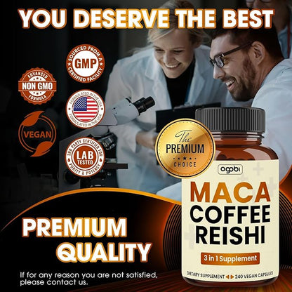 agobi 1800mg Maca Coffee Supplement with Reishi Mushroom - 60 Vegan Capsules - Support for Energy Production, Mood Support, Immune System & Stamina - Gluten-Free, Non-GMO