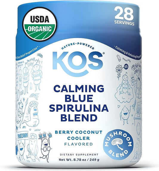 KOS Calming Blue Spirulina Blend- USDA Certified Organic - Algae Superfood Powder with Ashwagandha Root, Lemon Balm, Reishi Mushroom, B Vitamins - Berry Coconut Cooler Flavor, 28 Servings