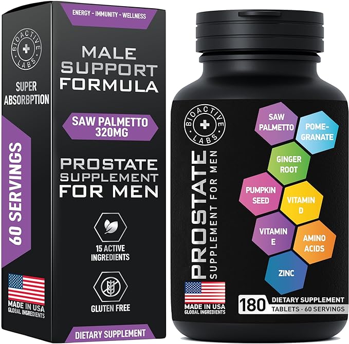 Prostate Health Supplements - Saw Palmetto For Men 320 mg, Pumpkin Seed Extract - Prostate Support Supplement For Men's Health, Healthy Prostate Function - 180 Prostate Supplement Tablets, 60 Serves