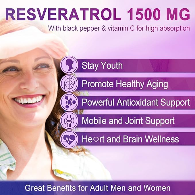 Resveratrol Gummies 1500mg - Resveratrol Supplement with Quercetin, Grape Seed, Red Wine, Black Pepper Extracts Support Antioxidant, Healthy Aging & Brain Wellness - Vegan, Natural Grape Flavor, 60Ct