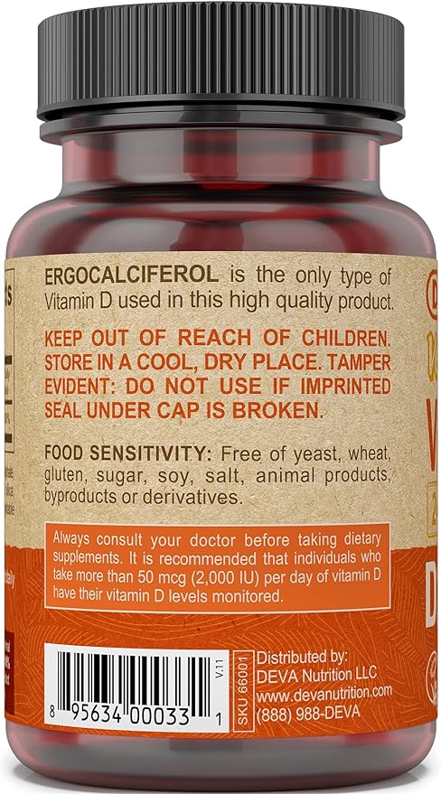 DEVA Vegan Vitamin D2 60 mcg 2400 IU, Ergocalciferol Supplement with No Animal Ingredients, 90 Tablets, 2-Pack