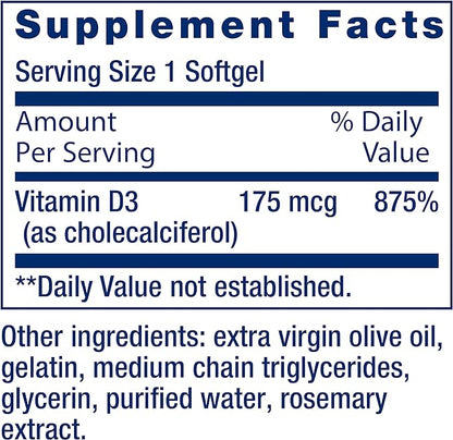 Life Extension Vitamin D3 175 mcg (7000 IU), immune system support, bone health, brain performance, gluten-free, non-GMO, once daily, two-month supply, 60 softgels