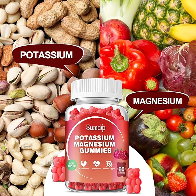 Potassium Magnesium Gummies Potassium Supplements High Absorption Potassium Citrate Magnesium Citrate, Support Leg Cramps Muscle Relaxation for Men and Women 60 Gummies, Raspberry