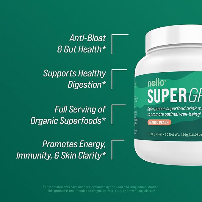 Nello Supergreens - Premium Superfood Greens Drink Mix with Chlorella, Moringa,Spinach, & Broccoli + Digestive Enzymes & Probiotic Blend -Nutrient-Packed Powder for Wellness (Mango Peach, 30 SRV)