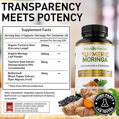 Turmeric Moringa - Organic Turmeric Curcumin Supplements and Organic Moringa Powder - 120 Veggie Capsules Supplement for Women and Men