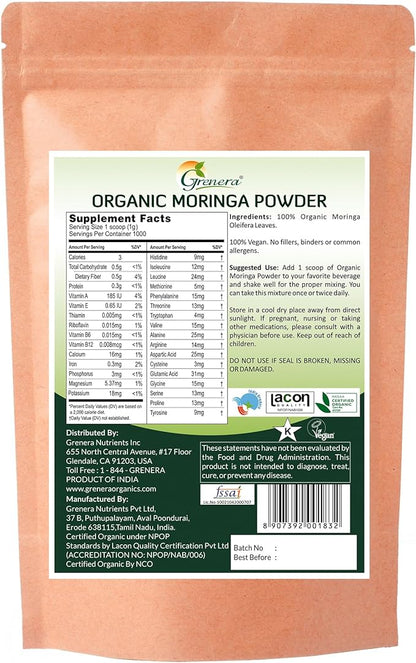 Grenera Organic Moringa Powder - 2.2 lbs (35.2 oz) | Moringa Oleifera Leaf Powder Lab Tested for Purity | Moringa Powder Organic Perfect for Smoothies, Drinks, Tea & Recipes | 100% Raw from India