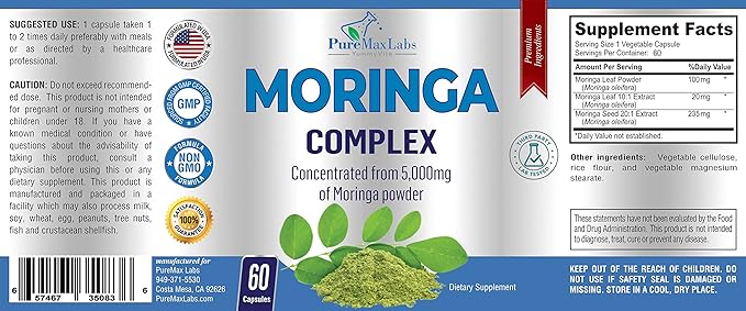 Moringa Capsules - Concentrated Complex of Moringa Leaf & Moringa Seed from 5000mg of Moringa Powder, Super antioxidant, 60 Capsules