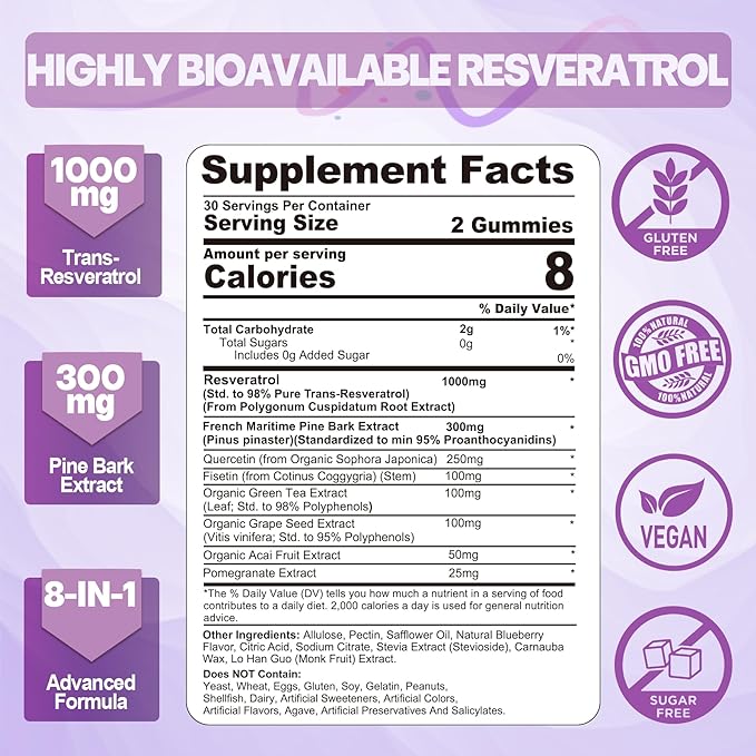 Resveratrol Supplement 1000mg - Sugar Free Resveratrol Gummies w/Pine Bark Extract, Quercetin, Fisetin & Grape Seed for Antioxidant, Heart, Healthy Aging & Brain, 98% Pure Trans Resveratrol, 120 Cts