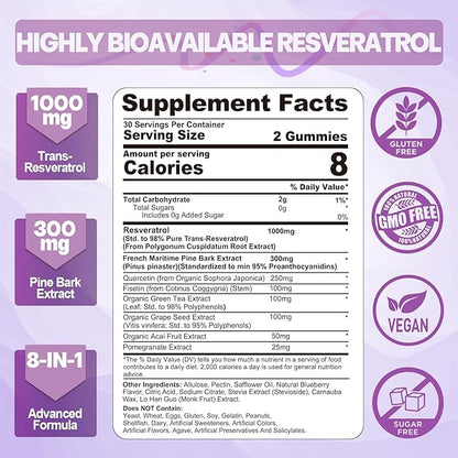 Resveratrol Supplement 1000mg - Sugar Free Resveratrol Gummies w/Pine Bark Extract, Quercetin, Fisetin & Grape Seed for Antioxidant, Heart, Healthy Aging & Brain, 98% Pure Trans Resveratrol, 120 Cts