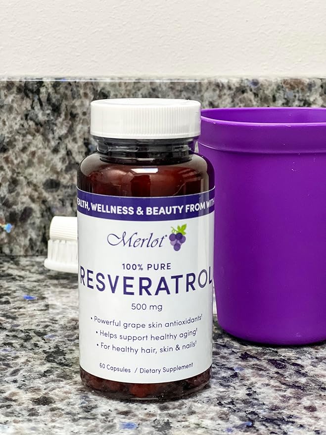 Merlot Resveratrol 500mg Capsules - 60 Count - Beauty Within AntiAging Supplement Non GMO Gluten Free- Made in USA