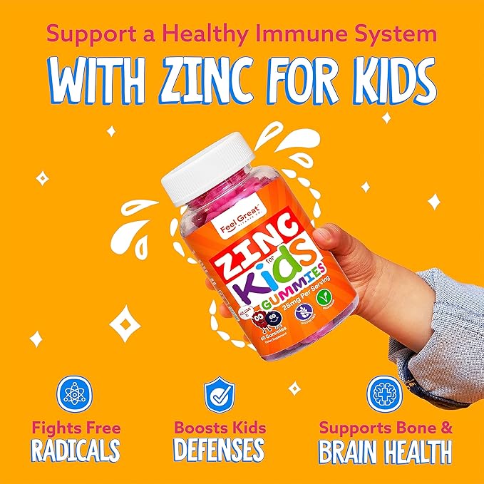 Feel Great Zinc Gummies for Kids | Bolster Your Child's Immune System with Yummy Kids Vitamins | Great Tasting Natural Flavor Gummy Supplement Vitamins | 60 Gummies