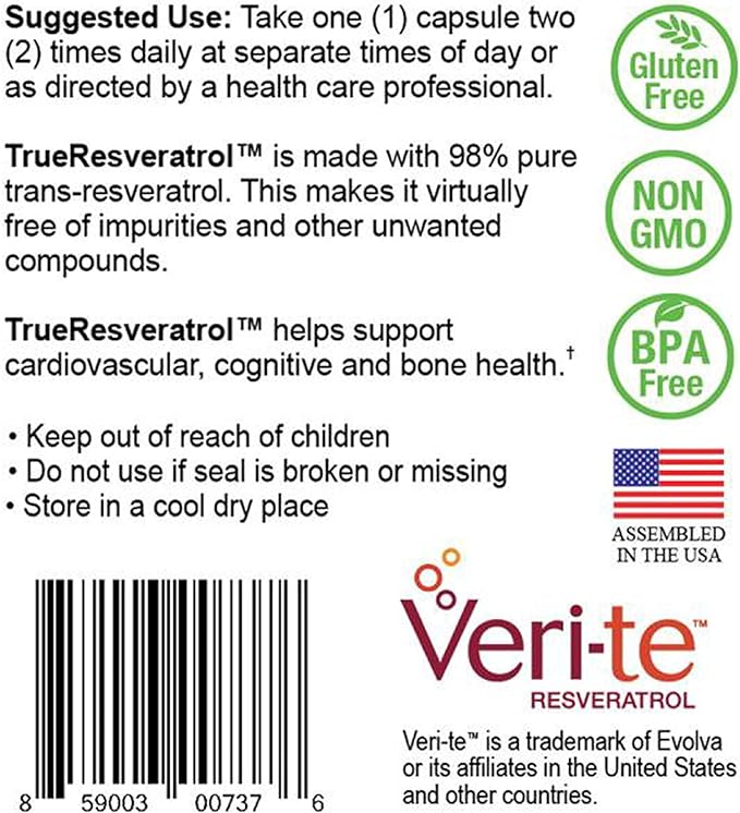 True-Resveratrol - 75mg of 98% Pure Veri-te | Trans-Resveratrol Antioxidants Supplement (60 Veggie Capsules) | Anti Aging Supplement | Immune, Bone, and Cognitive Support | Knotweed Free