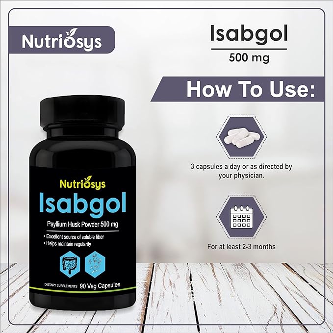 Isabgol Psyllium Husk 500mg Supplement, Excellent Source of Soluble Fiber, 90 Veg Capsules