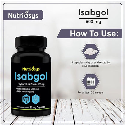 Isabgol Psyllium Husk 500mg Supplement, Excellent Source of Soluble Fiber, 90 Veg Capsules