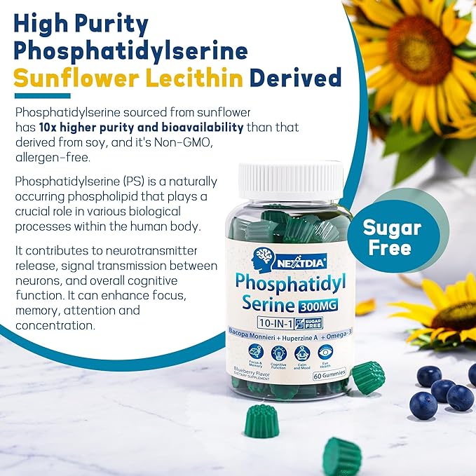 Sugar Free Phosphatidylserine Supplement 300mg, 10 in 1 Formula w/Bacopa Monnieri, Omega 3, Huperzine A for Memory, Focus & Cognition, Brain Gummies for Adults & Elderly (60 Counts (2 Pack))