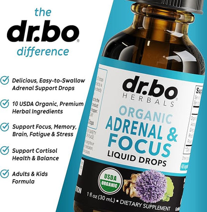 Adrenal Support Supplements Liquid Drops - Organic Adrenal and Focus Supplement, Cortisol Manager Adaptogen Adults, Ginkgo Biloba for Kids Calm - Natural Brain and Memory Fatigue Stress Attention 1oz