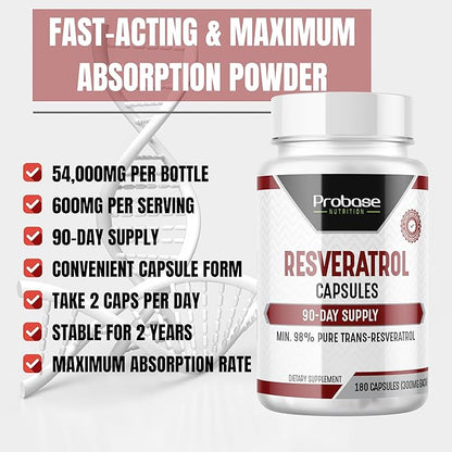 Ultra High Purity Resveratrol Capsules - 98% Trans-Resveratrol - Highly Purified and Bioavailable - 180 Caps Resveratrol Supplement