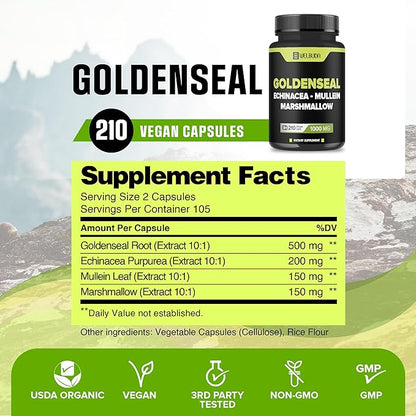 210 Capsules - Goldenseal Capsules Extract 10:1 with Echinacea, Mullein Leaf, Marshmallow - Combined Formula for Immunity, Respiratory Health, Digestion, Overall Well-being, Body Management Support