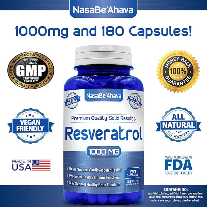 NASA Beahava 100% Pure Resveratrol - 1000mg Per Serving Max Strength (180 Capsules) Antioxidant Supplement Extract, Natural Trans-Resveratrol Pills for Heart Health & Weight Loss