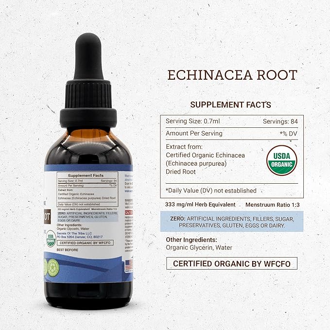 Echinacea Root USDA Organic Tincture | Alcohol-Free Extract, High-Potency Herbal Drops, Immune System Health | Made from 100% Certified Organic Echinacea Root (Echinacea Purpurea) 2 oz