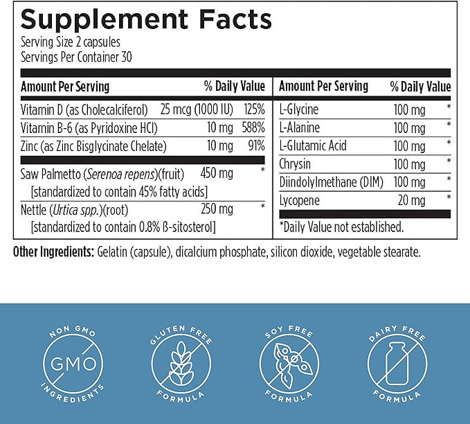 Designs for Health Saw Palmetto Prostate Supplement for Men - Prostate Supreme with Saw Palmetto, DIM, Vitamins, Nettle, Zinc + Chrysin - Non-GMO, Soy Free (60 Capsules)