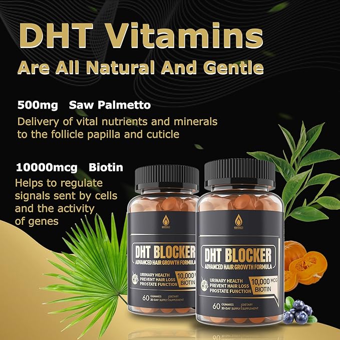 DHT Blocker Gummies Hair Growth Supplement, Super Potency Saw Palmetto & Biotin 10000 mcg for Women & Men, Plus 12 Proprietary Blend - Prevent Hair Loss, Blocking DHT Receptors, Hormonal Balance