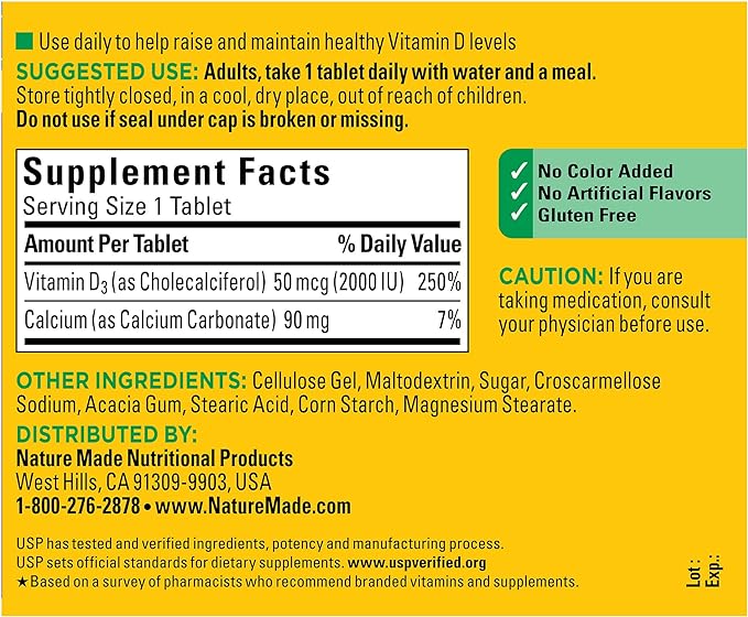 Nature Made Vitamin D3 2000 IU (50 mcg), Dietary Supplement for Bone, Teeth, Muscle and Immune Health Support, 220 Tablets, 220 Day Supply