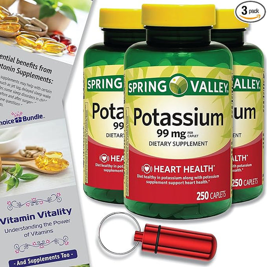 Spring Valley Potassium Heart Health Dietary Supplement Caplets 99 mg 250 CT 3 pk Choice Bundle (750 Total) + “Vitamin Vitality” Guide & Keychain Pill Container (5 Items)!