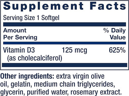 Life Extension Vitamin D3 125 mcg (5000 IU), Bone Health, Brain Performance, Immune System Support, Gluten-free, Non-GMO, Once Daily, Two-month Supply, 60 Softgels