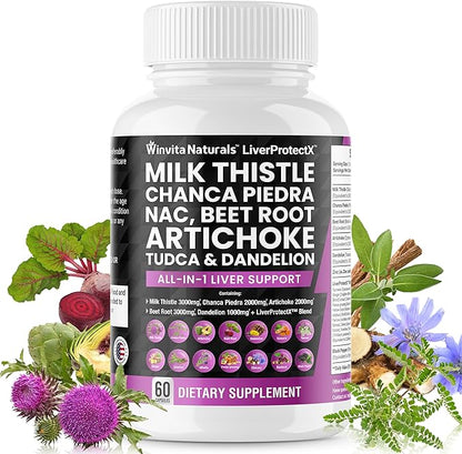 Milk Thistle 3000mg NAC Chanca Piedra 2000mg Beet Root 3000mg Artichoke 2000mg Dandelion 1000mg - Liver Health Support, Cleanse Detox & Repair Supplement Plus TUDCA Choline and Ginger Vegan Caps USA