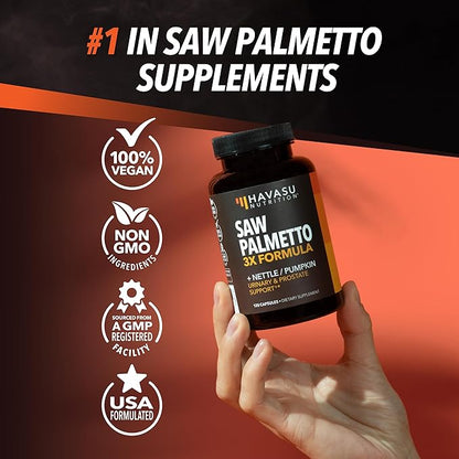 Saw Palmetto Supplement | Potent 3X Formula with Stinging Nettle + Pumpkin Seed Extract | DHT Blocker Urinary Health & Prostate Support Supplement for Mens Health | Saw Palmetto for Men 2 Month Supply