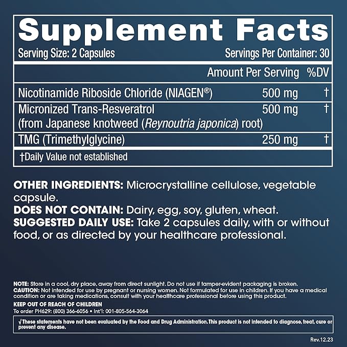 ProHealth Nicotinamide Riboside Pro Complete NAD Supplement. 500mg Patented Niagen NR (The Active Ingredient in NMN), Plus 250mg TMG, Plus 500mg Trans-Resveratrol. Equal to 690mg of NMN. 30 Servings