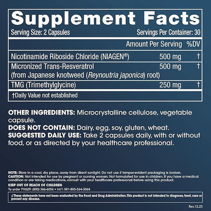 ProHealth Nicotinamide Riboside Pro Complete NAD Supplement. 500mg Patented Niagen NR (The Active Ingredient in NMN), Plus 250mg TMG, Plus 500mg Trans-Resveratrol. Equal to 690mg of NMN. 30 Servings