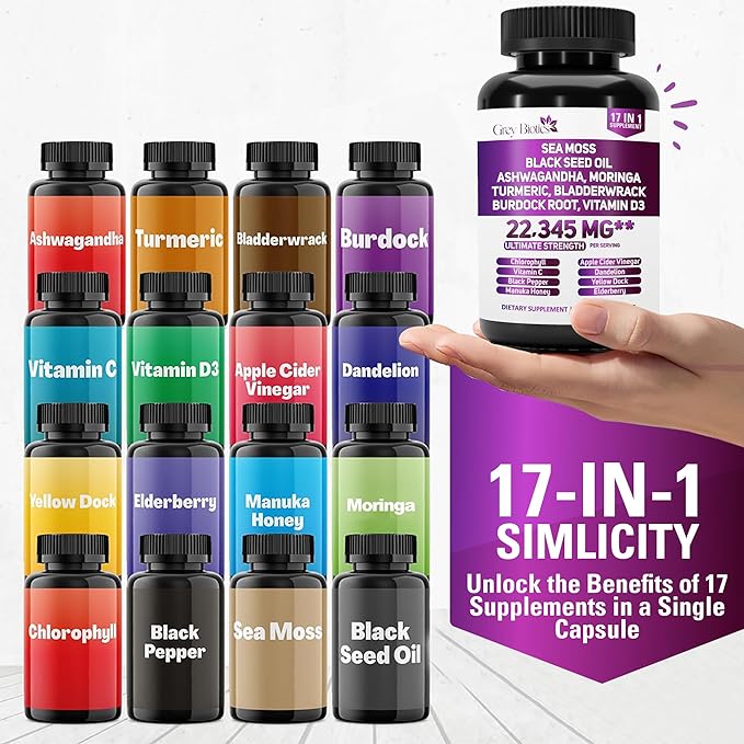 Sea Moss 6000mg, Black Seed Oil 4000mg, Turmeric 4000mg,Ashwagandha 2000mg, Burdock 2000mg, Bladderwrack 2000mg - Enhanced with Moringa 2000mg, Black Pepper, Vitamin C, Vitamin D3-60 Capsules