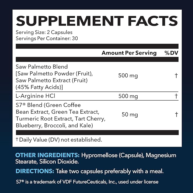 Saw Palmetto for Men with L Arginine Supplement | Hair Health & Male Health Support | L-Arginine Saw Palmetto Supplement with S7 Plant-Based Ingredients | Performance & Endurance | 60 Male Pills