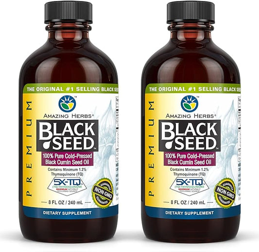 Amazing Herbs Premium Black Seed Oil - Gluten Free, Non GMO, Cold Pressed Nigella Sativa Aids in Digestive Health, Immune Support, Brain Function - 8 Fl Oz (Pack of 2)