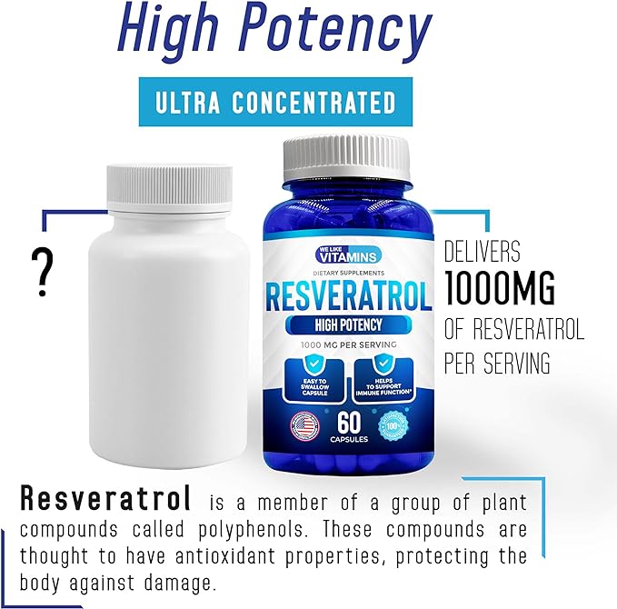 We Like Vitamins Resveratrol 1000mg per Serving - 60 Easy to Swallow Veggie Capsules - Natural Resveratrol Supplement 1000mg - Antioxidant Supplement Helps Support Anti-Aging and Immune System