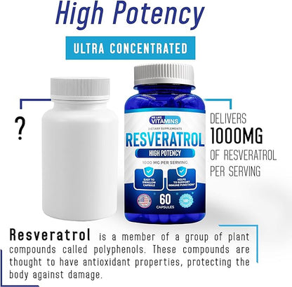 We Like Vitamins Resveratrol 1000mg per Serving - 60 Easy to Swallow Veggie Capsules - Natural Resveratrol Supplement 1000mg - Antioxidant Supplement Helps Support Anti-Aging and Immune System