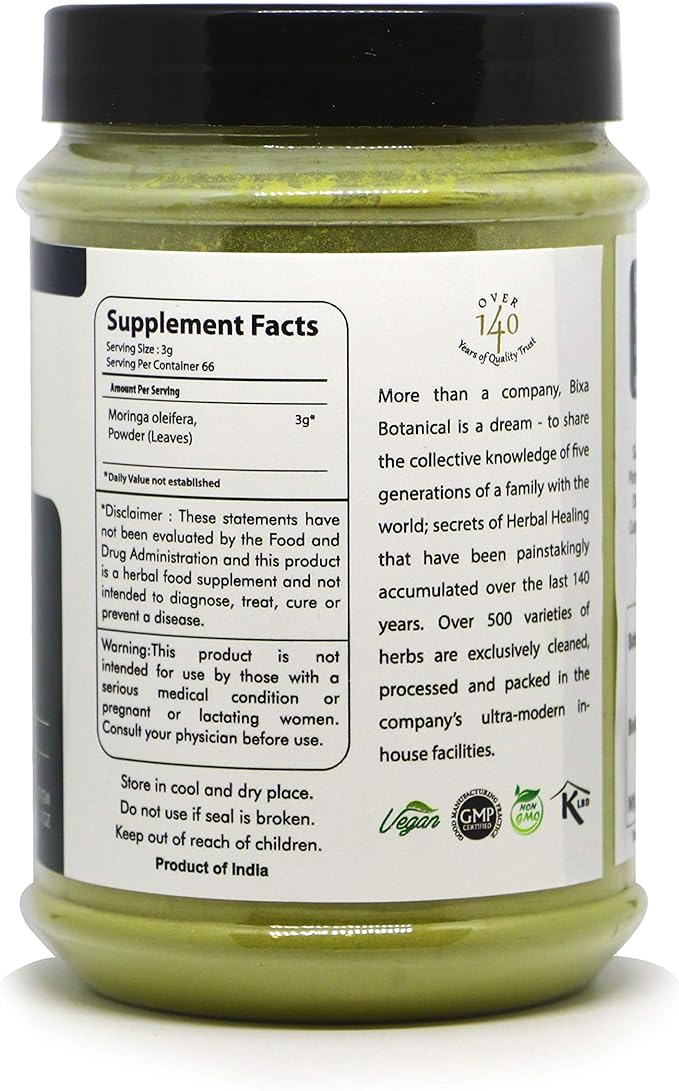 bixa BOTANICAL Moringa Leaf Powder (Moringa Oleifera) | Multi-Vitamin Green Super Food Supplement ǀ Helps in Joint Pain and Blood Circulation ǀ Pure Natural Nutrition Supplement- 7 Oz (200g)